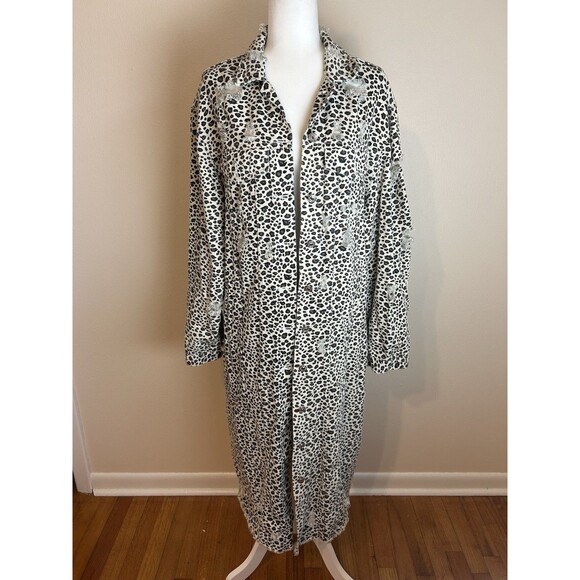Duster Jacket 2XL Long Denim Animal Print Distressed Witchy Boho Leopard Womens - Picture 1 of 4